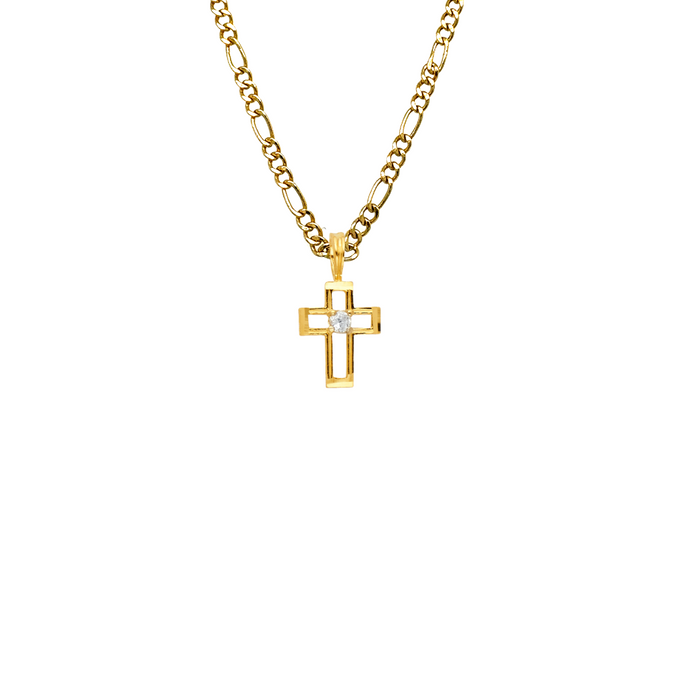 14k Gold Small Gemstone Cross Pendant with Solid Chain - LE-1067