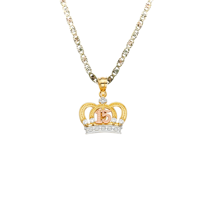 14k Gold 15 Años Quinceañera Crown Gemstone Pendant with Solid Chain - LE-2147