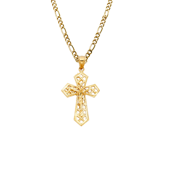 14k Gold Jesus Cross with Solid Figaro Chain - LE-0989