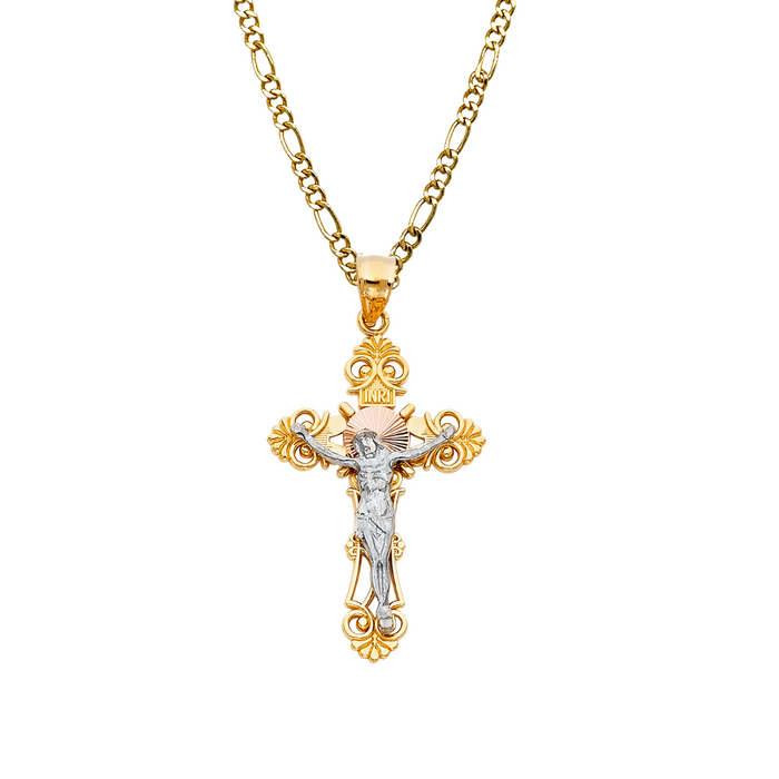 14k Two Tone Gold Ornate Jesus Cross with Solid Figaro Chain - LE-0062