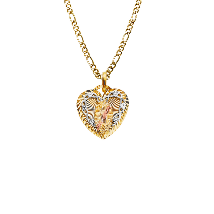 14k Virgin Mary Diamond Cut Heart Pendant with Solid Figaro Chain - LE-3204