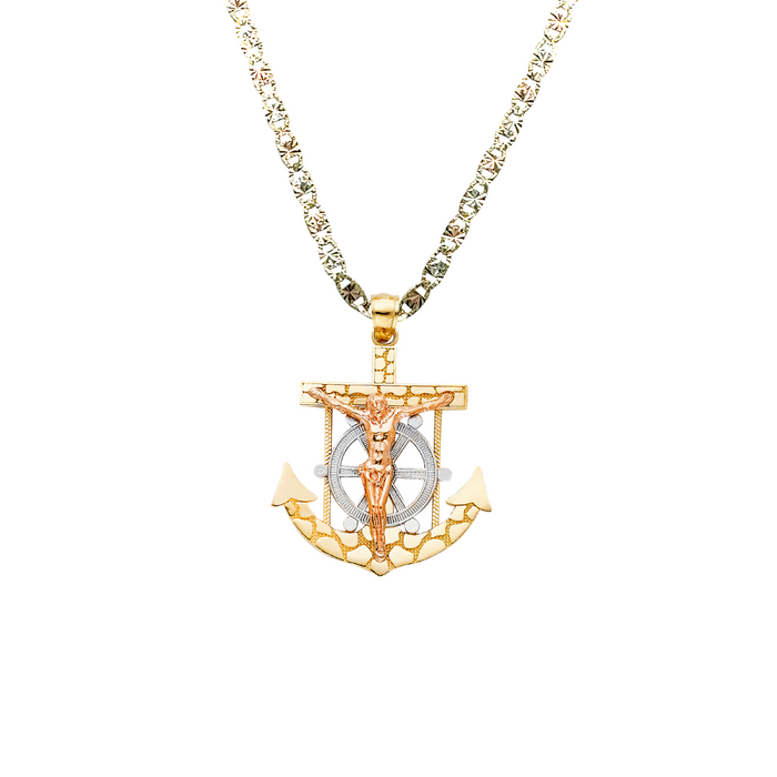 14k Gold Tri Tone Nugget Jesus Anchor Mariner Pendant with Solid Chain - LE-1236