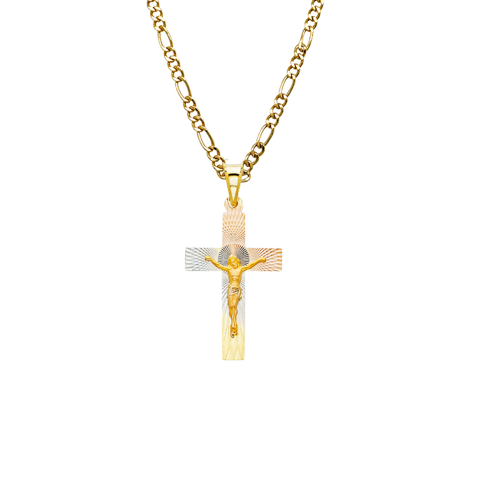 14k TriColor Gold Jesus Cross Pendant with Solid Chain - LE-0350