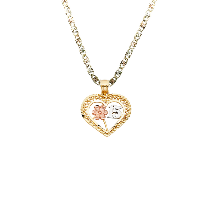 14k Gold Three Tone 15 Quinceañera Heart Pendant with Solid Chain - LE-1908