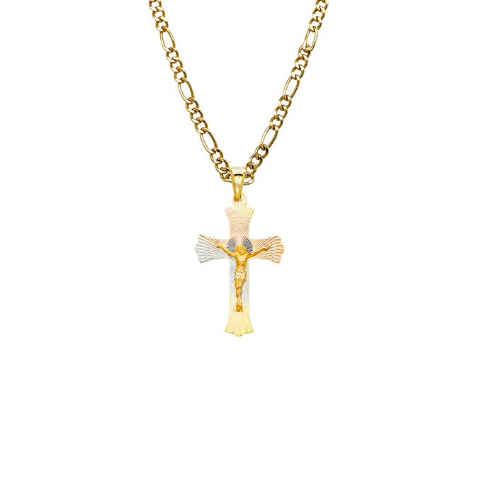 14k TriColor Gold Jesus Cross Pendant with Solid Chain - LE-0351