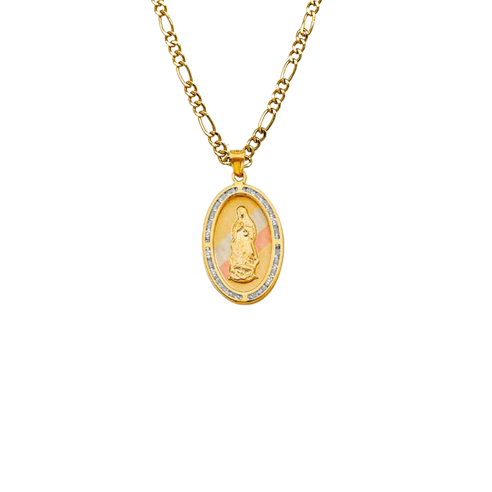 14k Virgin Mary Gold Pendant Oval with Solid Chain - LE-1301