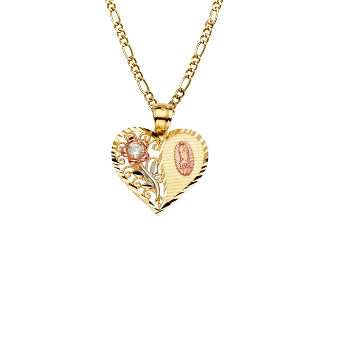 14k Virgin Mary Heart Pendant with Solid Figaro Chain - LE-2311