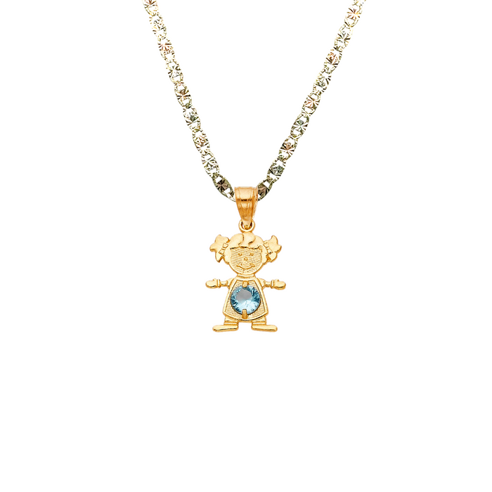 14k Gold Girl Daughter Niña March Birthstone Gemstone Pendant with Solid Chain - LE-0660-03