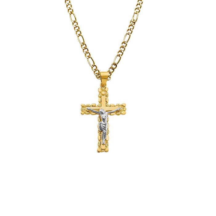 14k Two Tone Gold Nugget Jesus Cross with Solid Figaro Chain - LE-2946