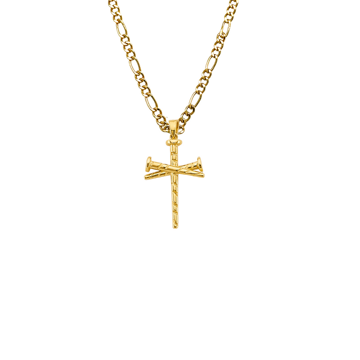 14k Gold Diamond Cut Nails Cross Pendant with Solid Chain - LE-2960