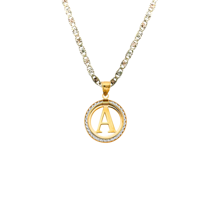 14k Gold Gemstone Bezel Letter Pendant with Solid Valentino Chain - LE-3242VC