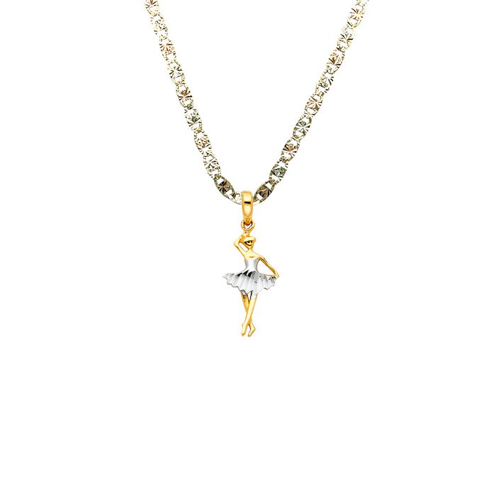 14k Gold Two Tone Dancing Ballerina Quinceañera Pendant with Solid Chain - LE-0772