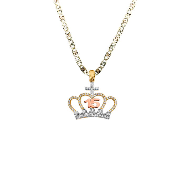 14k Gold Tri Tone 15 Años Quinceañera Crown Gemstone Pendant with Solid Chain - LE-2973