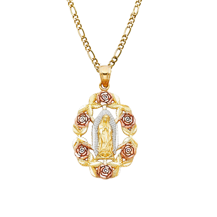 14k Virgin Mary Pendant with Surrounding Roses and Solid Chain