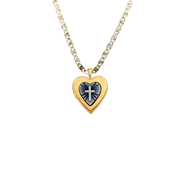 14k Gold Picture Heart Cross Locket Pendant with Solid Chain - LE-2583