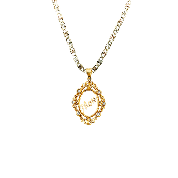 14k Two Tone Gold Mom Gemstone Pendant with Solid Chain - LE-2694