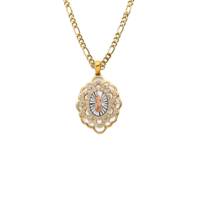 14k Virgin Mary Medallion Pendant with White Gemstones