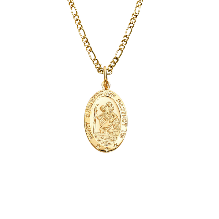 14k Saint Christopher Yellow Gold Oval Pendant with Solid Chain - LE-269