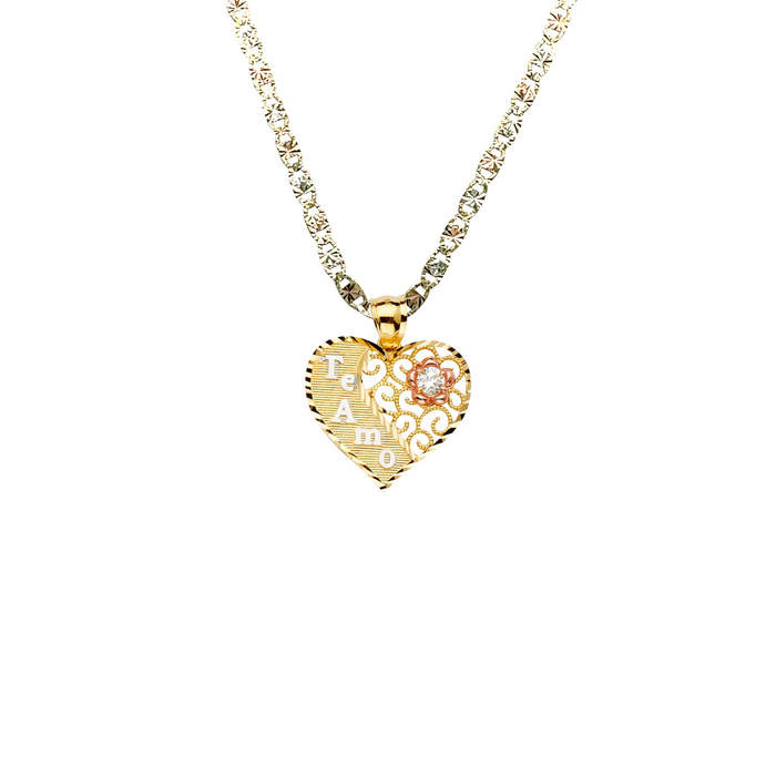 14k Te Amo Tri-Tone Gold Gemstone Heart Pendant with Solid Chain - LE-2379