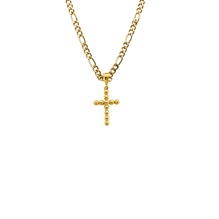 14k Gold Small Beaded Design Cross Pendant with Solid Chain - LE-2969