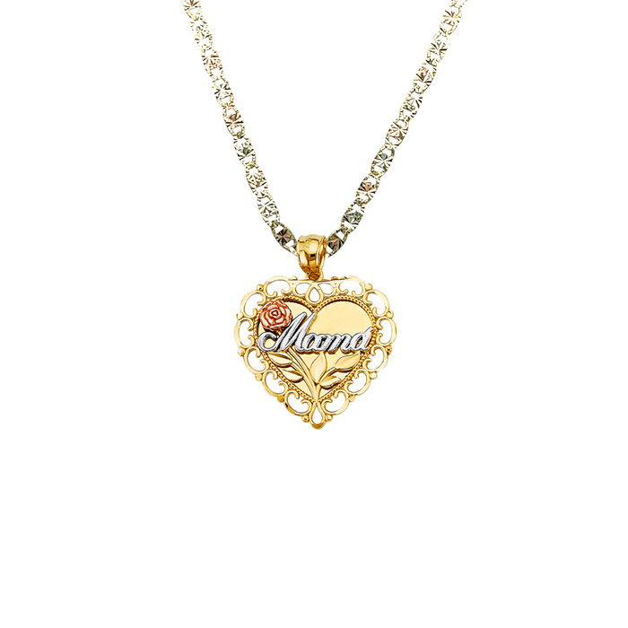 14k Gold Tri Tone Mama Heart Pendant with Solid Chain - LE-2690