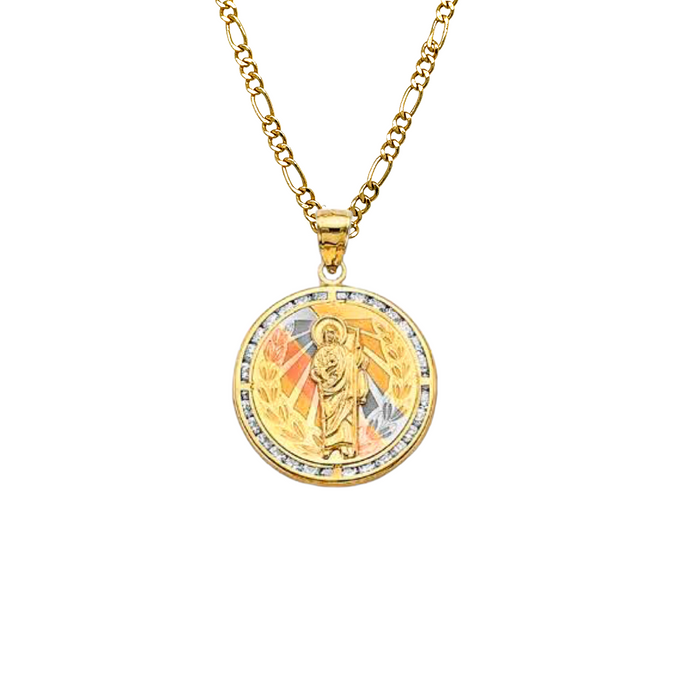 14k San Judas Round Gemstone Gold Pendant with Solid Chain - LE-3049