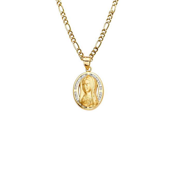 14k Virgin Mary Oval Gold Pendant with Gemstones and Solid Chain - LE-2321