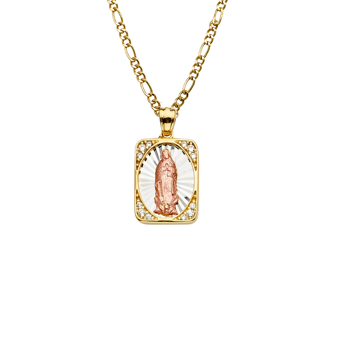 14k Virgin Mary Square Pendant with Gemstone Corners and Solid Chain - LE-PT2293