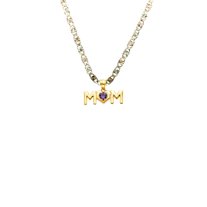 14k Gold Mom Heart Gemstone Pendant with Solid Chain - LE-2543