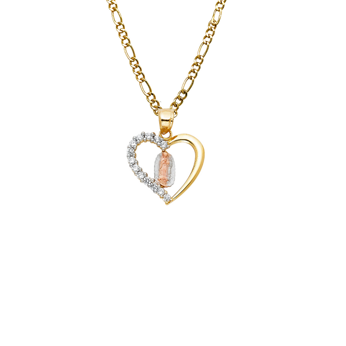 14k Virgin Mary Heart Gemstones Pendant with Solid Chain - LE-PT387