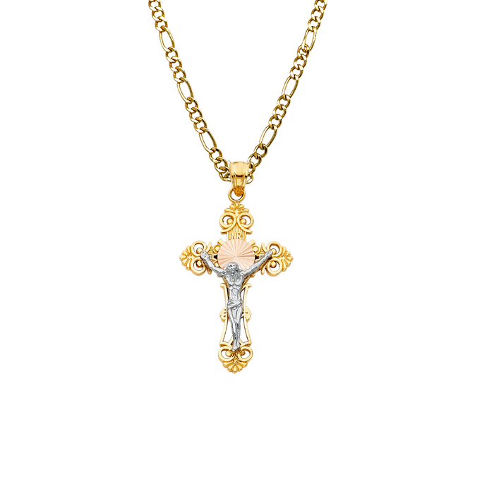 14k Three Color Gold Ornate Jesus Cross Pendant with Solid Chain - LE-0061