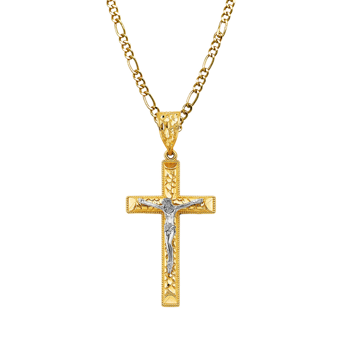 14k Two Tone Nugget Jesus Cross with Solid Figaro Chain - LE- 2591