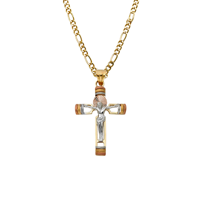 14k TriTone Gold Cross with Solid Figaro Chain - LE-0956