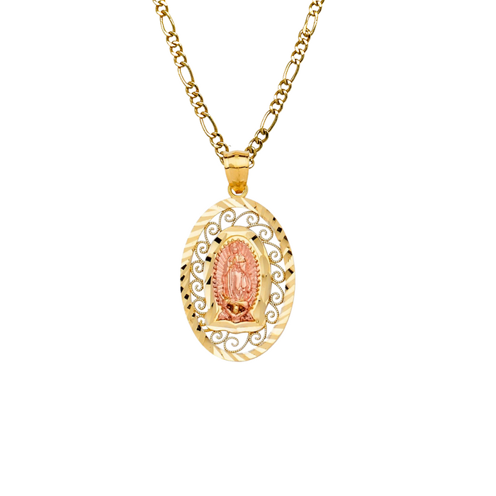 14k Virgin Mary Diamond Cut Pendant with Solid Figaro Chain - LE-PT2312