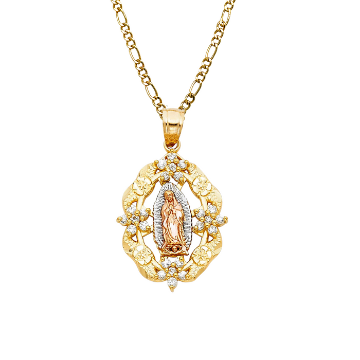 14k Virgin Mary Pendant with Surrounding Flowers and Solid Chain