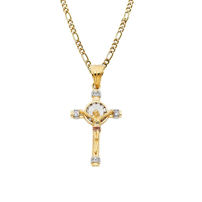 14k Two Tone Gold Gemstone Jesus Cross with Solid Figaro Chain - LE-0942