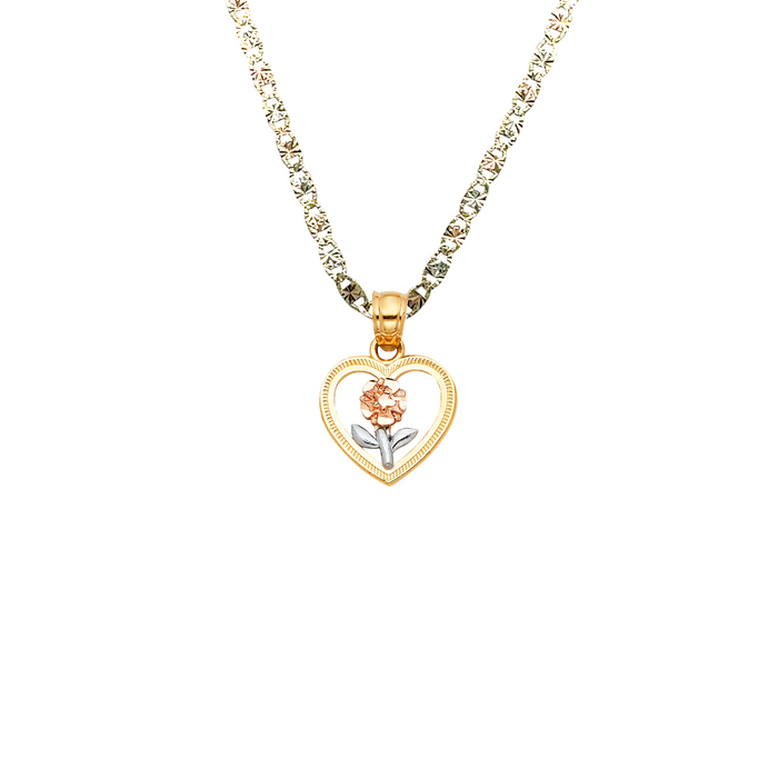 14k Flower Heart Tri Gold Pendant with Solid Chain - LE-0395