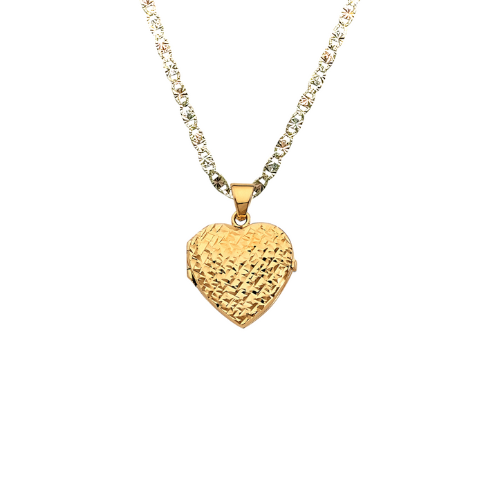 14k Gold Diamond Cut Picture Heart Locket Pendant with Solid Chain - LE-2571