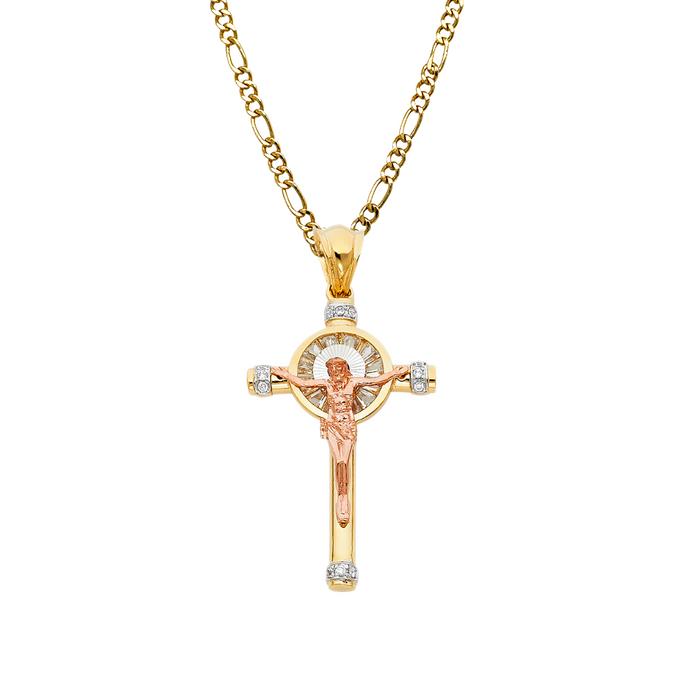 14k Two Tone Gold Gemstone Jesus Cross with Solid Figaro Chain - LE-0941