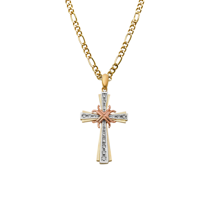 14k TriTone Gold Gemstone Cross with Solid Figaro Chain - LE-0950