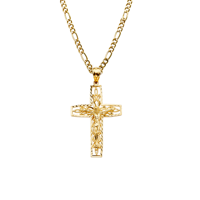 14k Gold Jesus Cross with Solid Figaro Chain - LE-2183