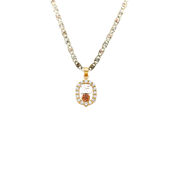 14k Gold Tri Tone 15 Años Quinceañera Gemstone Pendant with Solid Chain - LE-1879