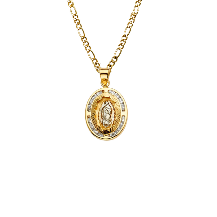 14k Virgin Mary Gold Pendant Oval Gemstones with Solid Chain - LE-2307