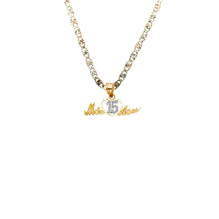 14k Gold Two Tone Mis 15 Años Quinceañera Heart Pendant with Solid Chain - LE-0377