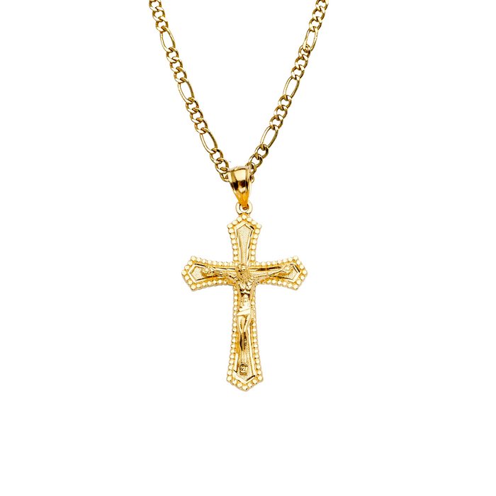 14k Gold Jesus Cross with Solid Figaro Chain - LE-2182