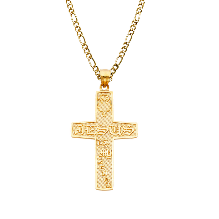 14k Gold Jesus Es Mi Senor Cross with Solid Figaro Chain - LE-1030