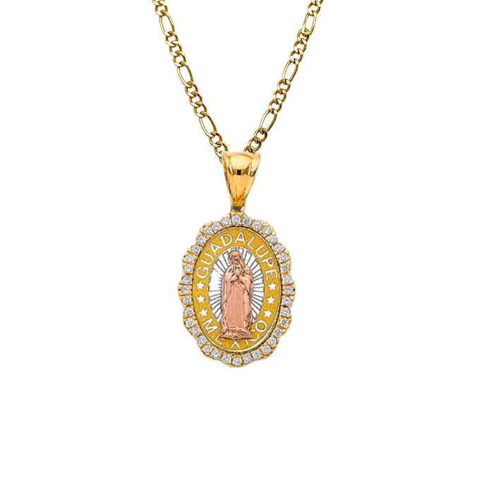 14k Guadalupe Mexico Virgin Mary Pendant with White Gemstones and Solid Figaro Chain