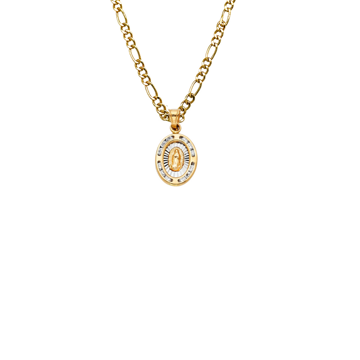 14k Virgin Mary Gold Pendant with Gemstones and Solid Chain - LE-199