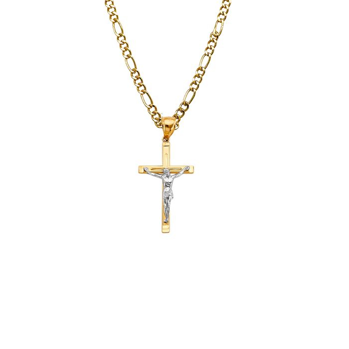 14k Two Tone Gold Jesus Cross Pendant with Solid Chain - LE-2711