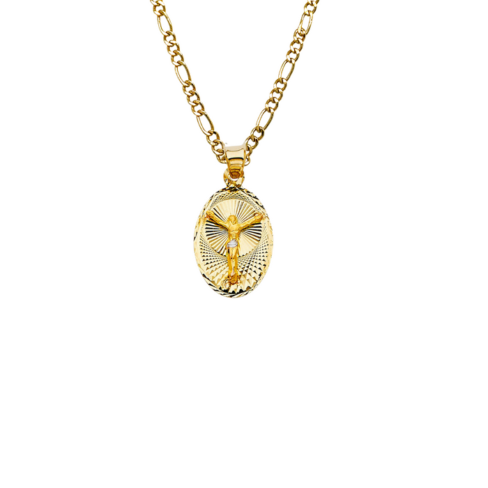 14k Jesus Christ Yellow Gold Oval Pendant with Solid Chain - LE-332